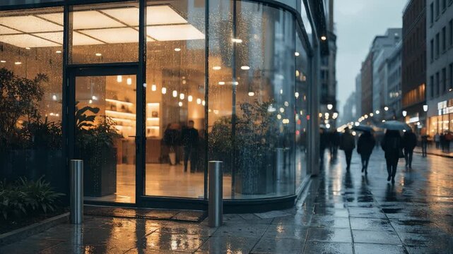 Streetlevel medium shot of a modern glass pension fund branch with sleek reflective windows and clear corporate signage soft background bokeh emphasizing urban surroundings.