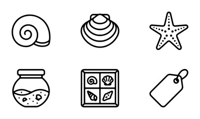 Ocean Icons Set: Seashells, Starfish, Jar, Tag, Vector Graphics for Summer and Beach Themes © Sofiq