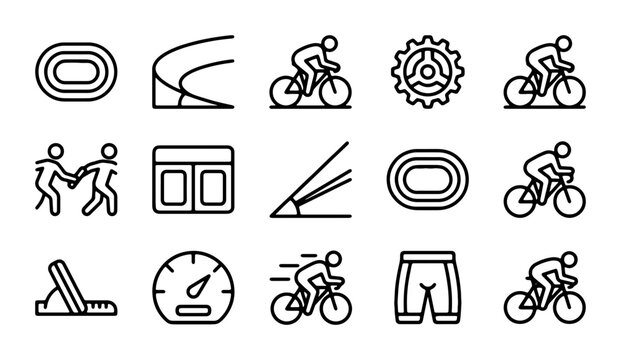 Cycling Icons Set, Bicycle Sport Graphics, Cyclist Gear & Track Elements, Vector Collection