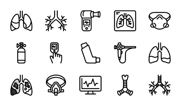 Respiratory System Icons, Lung Health Medical Symbols, Asthma Treatment Equipment, Breathing Apparatus Graphics