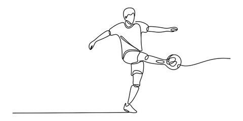 Continuous single line drawing of a soccer player kicking a ball during a professional game match expressing energy and motion in a simple artistic style Vector, illustration © Normal Line Drawing
