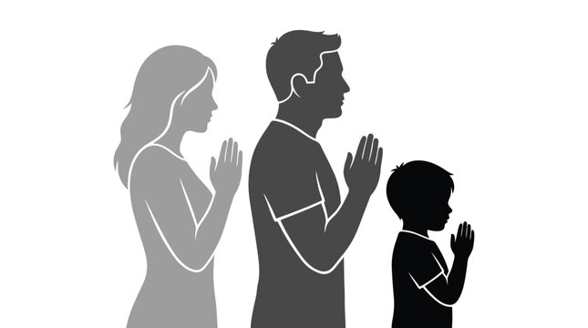 Elegant vector illustration featuring a side profile silhouette of a family praying together in unity