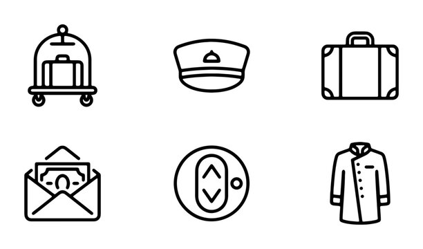 Hotel Service Icons: Bellhop Cart, Uniform, Luggage, Money Envelope, Elevator, Staff Jacket, Hospitality Vector Set