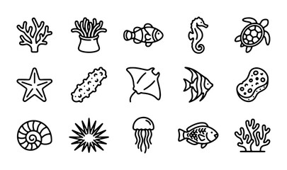 Marine Life Icons Set: Coral, Fish, Seahorse, Turtle, Starfish, Jellyfish, Sea Urchin, Shell, Ray, Sea Cucumber, Sponge Vector Graphics for Oceanography, Marine Biology, and Underwater Themes © Juel