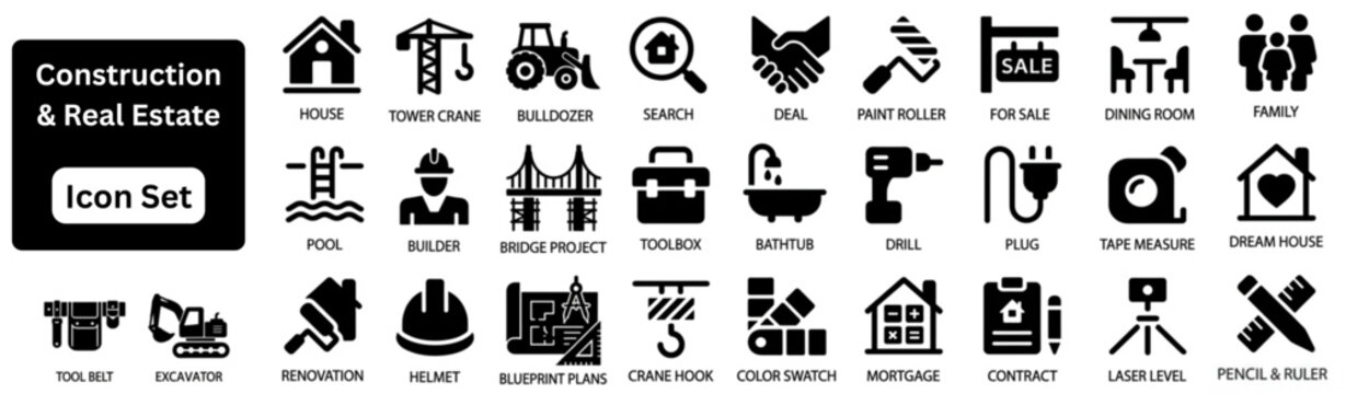 Silhouette vector of Construction and Real Estate Icon set. Construction and Real Estate silhouette Icon set. Real estate and property icon set with house, mortgage, construction, security, location, 