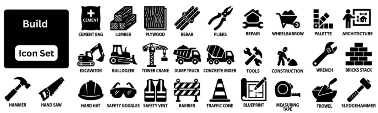 Silhouette vector of Build Icon set. Build silhouette Icon set. Featuring building, contractor, job, labor, measure, occupation, silhouette, uniform, builder, fix, gear, glove, hard hat, helmet