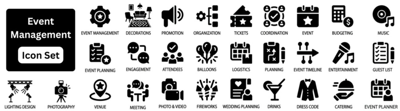 Silhouette vector of Event Management Icon set. Event Management silhouette Icon set. Event management icon set with calendar schedule ticket location audience presentation checklist and organization 