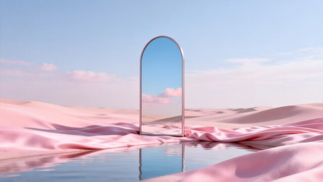 Desert portal with pink fabric and water