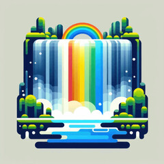 Fototapeta premium Vibrant Rainbow Waterfall Illustration with Lush Greenery.