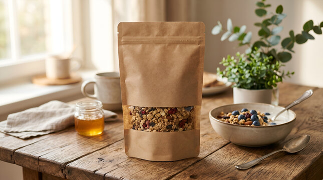 Organic granola in kraft paper pouch with natural ingredients and breakfast setup on wooden table