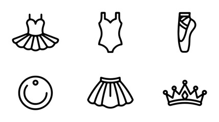 Ballet Icons Set: Tutu, Leotard, Pointe Shoes, Crown, Ballet Slippers, and Dance Accessories, Minimalist Line Art Vector Graphics for Performance and Creative Projects © Jannatul