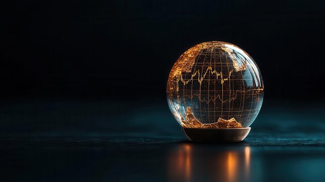 Cracked financial crystal ball with dimming glowing charts, failed prediction metaphor