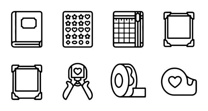 Scrapbooking Icons Set, Crafting Tools Collection, Journaling Elements, Photo Album Accessories, Decorative Paper Crafts, DIY Project Supplies, Vector Graphics