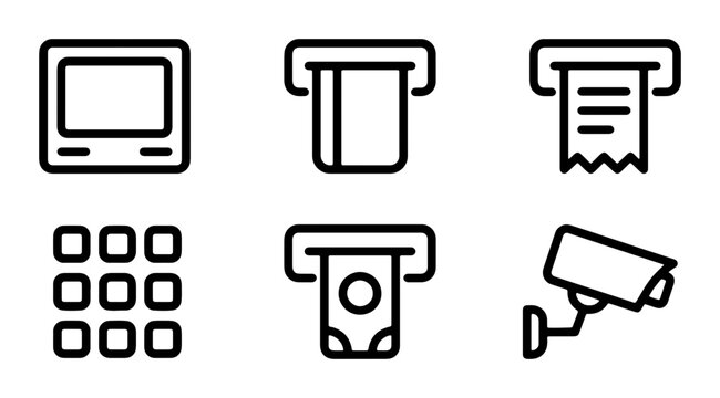 ATM Icons Set, Financial Transaction Symbols, Cash Machine Elements, Security Camera, Card Insert, Keypad, Receipt, Money Withdrawal Vector Graphics