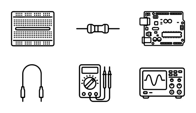 Electronic Components and Tools Vector Icons Set: Breadboard, Resistor, Microcontroller, Jumper Cable, Multimeter, Oscilloscope for DIY Projects and STEM Education