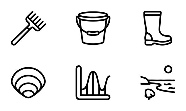 Beach and Garden Icons Set: Rake, Bucket, Boot, Shell, Wave Chart, Coastal Scene Vector Graphics for Outdoor Activities and Seaside Themes