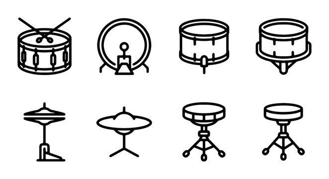 Drum Set Icons, Percussion Instruments Collection, Musical Equipment Vector Graphics, Rock Band Gear Symbols