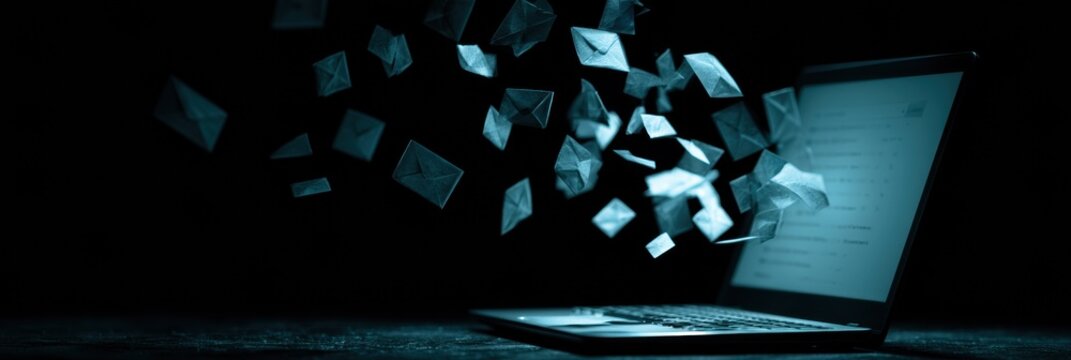 Overflowing email inbox on a laptop screen in a dark room shows the impact of digital overwhelm with cool light from the screen.