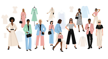 Obraz premium Diverse fashion style collection of people and clothes illustration.