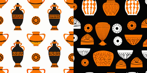 ancient greek pottery pattern with orange and black designs © Sabuj