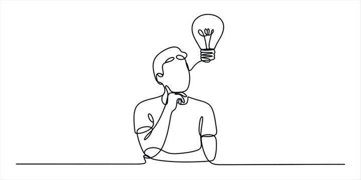 Continuous single line drawing of a man thinking with a light bulb idea Vector, illustration