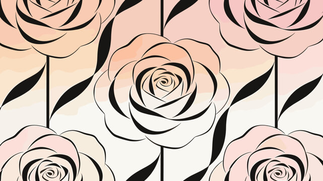 A seamless pattern featuring stylized roses with delicate black outlines and soft, gradient petal colors.