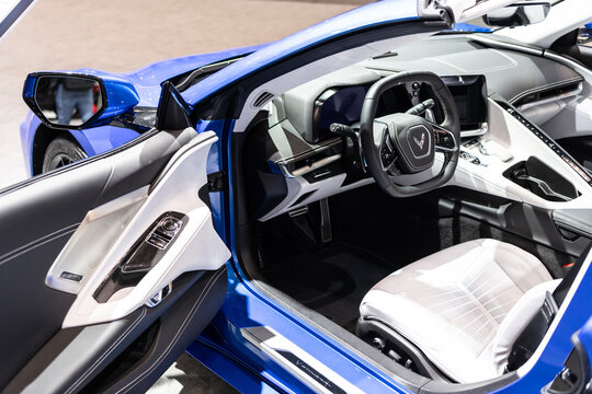 New York City, USA - March 27, 2024: Auto Show 2024. 2020 Chevrolet Corvette C8 sportscar. Chevrolet Corvette C8 sports car. Chevrolet Corvette C8 luxury coupe. Blue color Chevy, interior view.