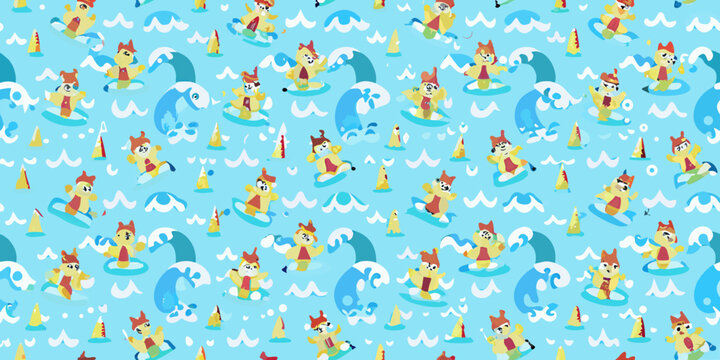 Surfing corgis pattern playful dogs riding waves on light blue background