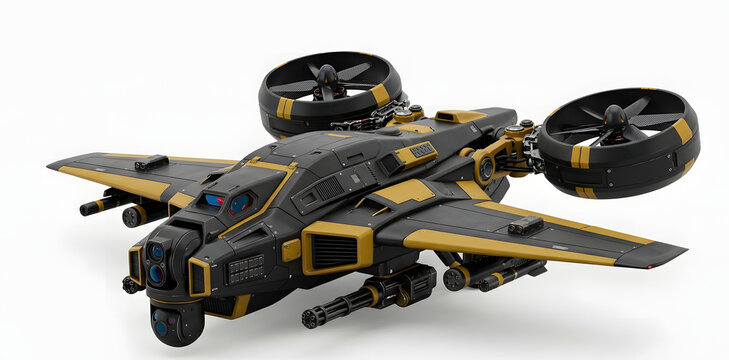 Sci-fi military combat drone aircraft with dual rotors and gatling guns isolated on white background