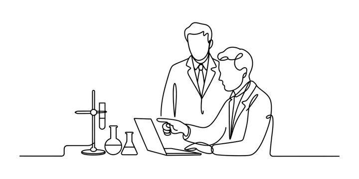 Continuous single line drawing of two male scientists working together in a science laboratory looking at a laptop computer screen with glass test tubes Vector, illustration