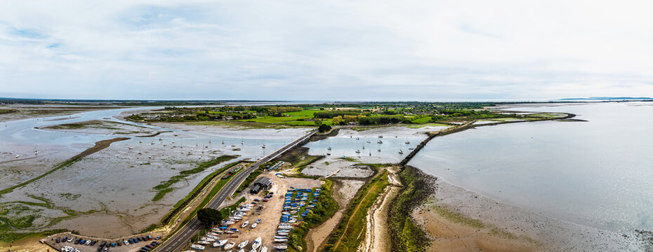 Bridge and Quay to the Hayling Island from a dron at low tide, Havant, Hampshire, England