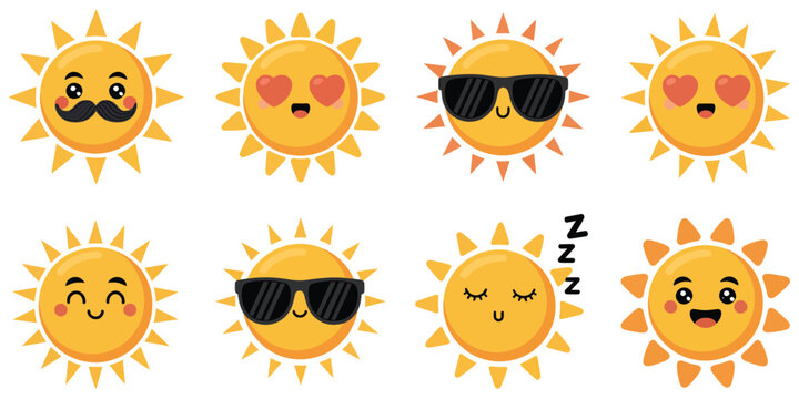 Cute sun emoji characters, smiling cartoon sun faces with sunglasses, love hearts, mustache and sleepy expressions, modern flat vector illustration.