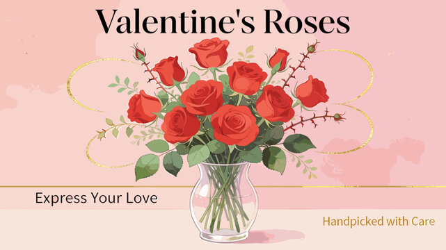 A beautiful bouquet of vibrant red roses in a clear glass vase, perfect for expressing love on Valentine's Day, handpicked with care.