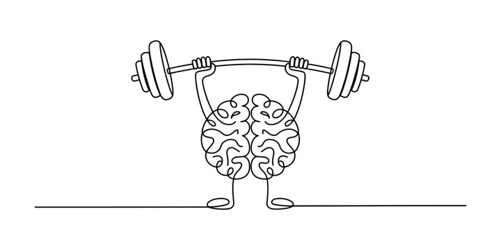Continuous one line drawing of a human brain character lifting a heavy barbell dumbbell weight as a concept of mental strength and cognitive power training Vector, illustration