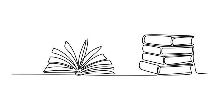 Continuous single line drawing of an open book and a stack of books for school education and reading concept Vector, illustration