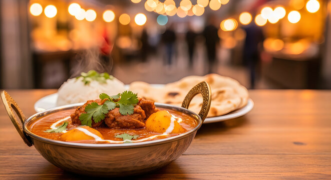 Butter chicken with rice and naan bread indian cuisine restaurant food