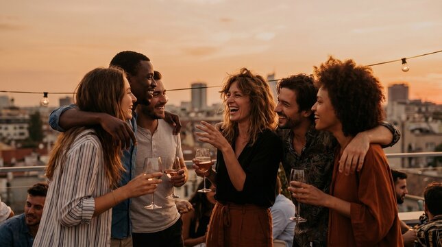 Editorial photo of friends at a rooftop party during sunset