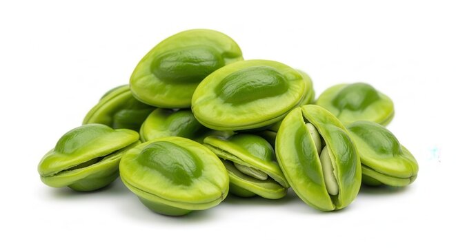 Fresh green fava beans piled on a clean white background, close-up studio shot.