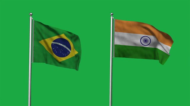 Brazil and India Waving Flags, 3D Illustration