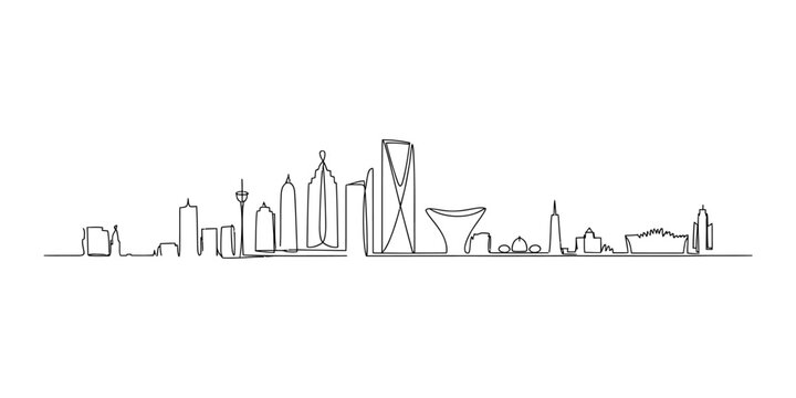 Continuous single line drawing of riyadh city skyline with modern buildings and famous skyscrapers in a simple minimalist style for travel and urban design Vector, illustration