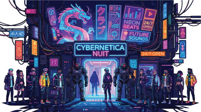 A group of futuristic people standing in front of a neon lit cyberpunk club entrance called Cybernetica Nuit.