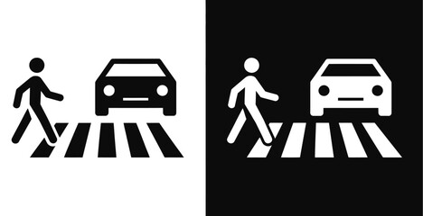 Pedestrian crossing sign with car and zebra stripes, safety icon for crosswalk zones, road marking guidance symbol, city traffic management signage, pedestrian crossing alert illustration, modern flat © Mizu Ahmed 2