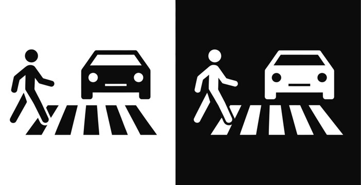 Pedestrian crossing sign with car and zebra stripes, safety icon for crosswalk zones, road marking guidance symbol, city traffic management signage, pedestrian crossing alert illustration, modern flat