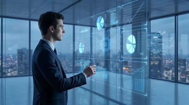 Businessman Interacting With Futuristic Holographic Financial Data Chart Interface