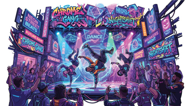 Breakdancing crew performs energetic dance moves on stage.