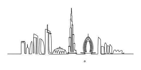 Obraz premium Dubai city skyline continuous line drawing showing famous tall buildings and skyscrapers in a minimalist black and white artistic vector illustration style Vector, illustration