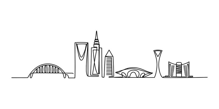 Continuous single line drawing of riyadh city skyline with famous modern buildings and skyscrapers in a minimalist art style Vector, illustration