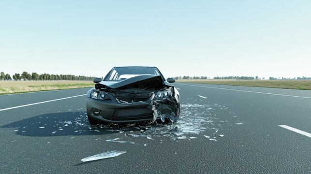 Showing consequences of reckless driving, damaged vehicle stands on highway, illustrating importance of road safety and responsible driving