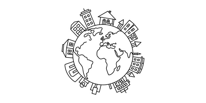Black and white hand drawn sketch of the planet earth surrounded by various city buildings and houses representing a global community and urban lifestyle Vector, illustration