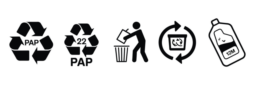 Recycling symbol set for packaging, green dot recycling sign, PAO period after opening label, waste sorting codes and eco packaging icons, vector illustration.